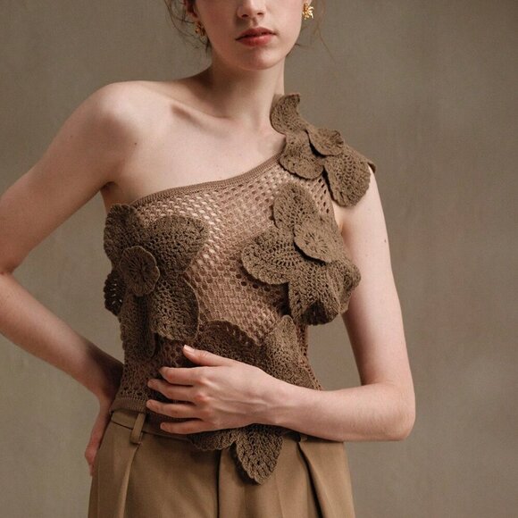 Khaki Casual Women's Casual Crochet 3d Floral Sleeveless Vest - Picture 6 of 8